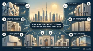 he top 8 GRC facade design trends in the UAE for 2026, featuring architectural renders of geometric panels, mashrabiya decorative screens, textured cladding, and 3D layered facades set against a Dubai skyline.