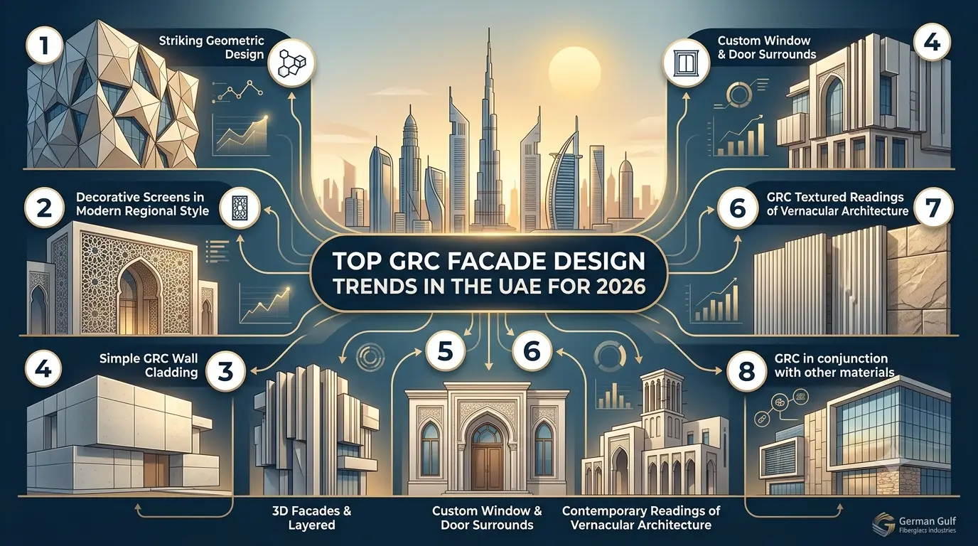 he top 8 GRC facade design trends in the UAE for 2026, featuring architectural renders of geometric panels, mashrabiya decorative screens, textured cladding, and 3D layered facades set against a Dubai skyline.